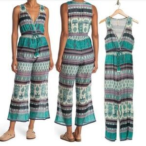RAGA Caravan Sleeveless V-Neck Printed Jumpsuit Teal Small